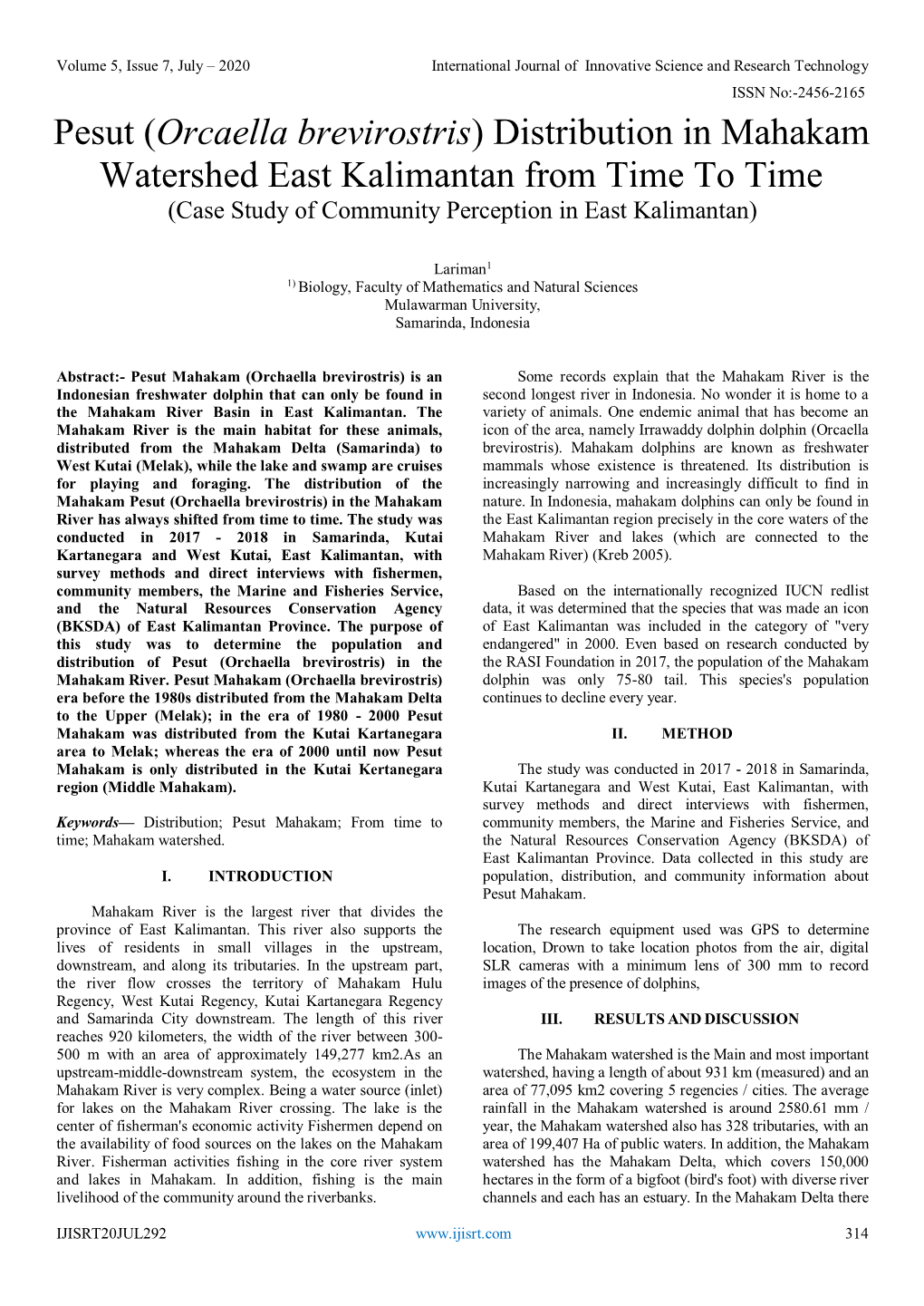 Orcaella Brevirostris) Distribution in Mahakam Watershed East Kalimantan from Time to Time (Case Study of Community Perception in East Kalimantan)