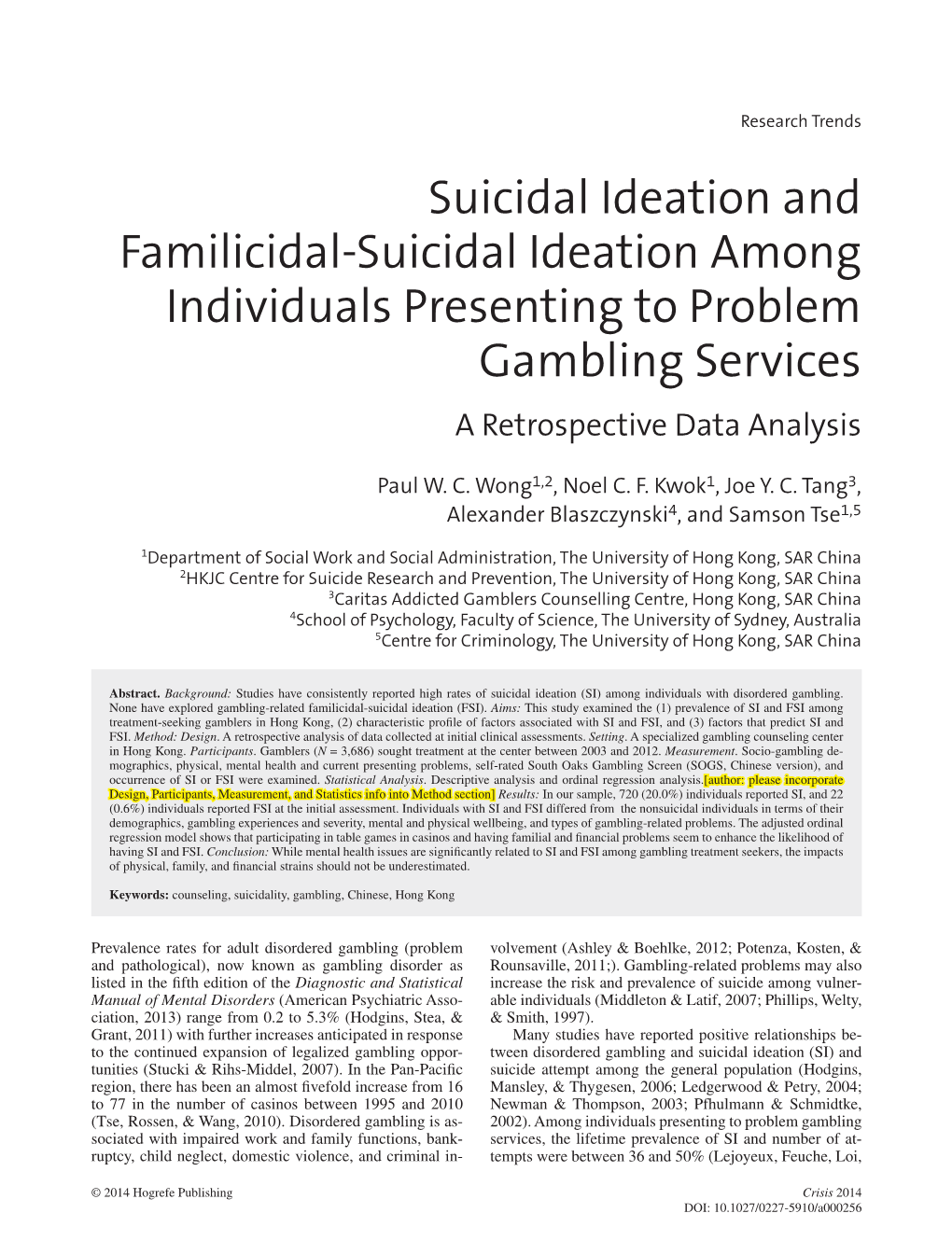 Suicidal Ideation and Familicidal Suicide