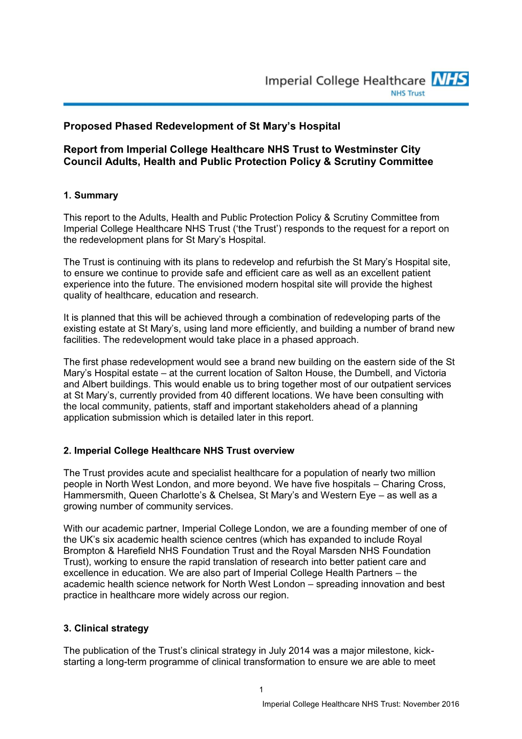 Proposed Phased Redevelopment of St Mary's Hospital Report from Imperial College Healthcare NHS Trust to Westminster City Coun