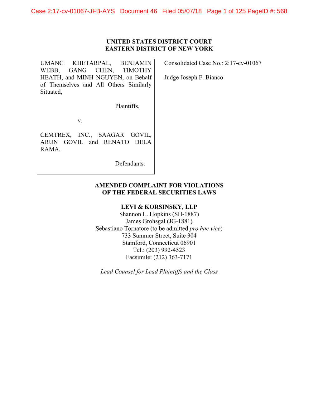 Umang Khetarpal, Et Al. V. Cemtrex, Inc., Et Al. 17-CV-01067-Amended