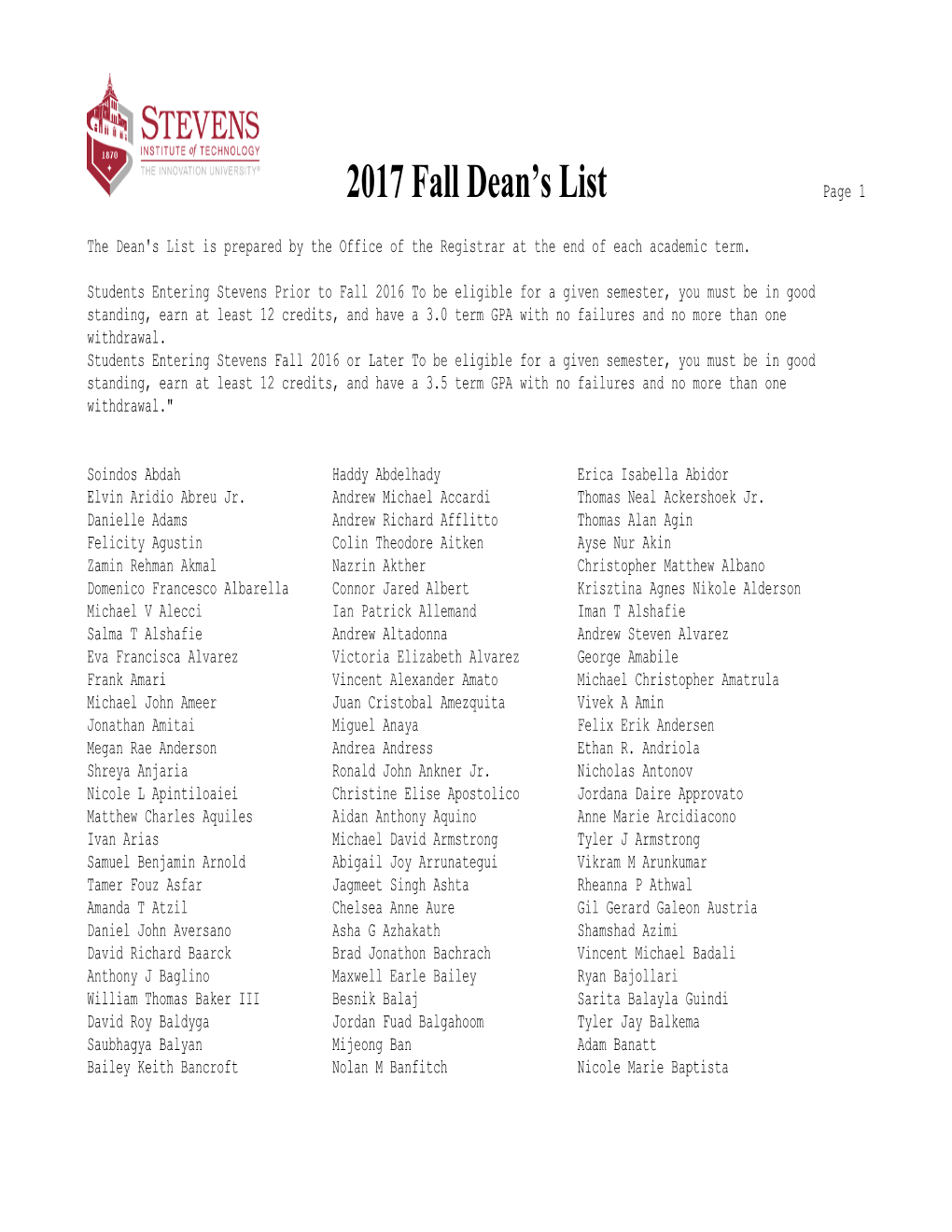 2017 Fall Dean's List