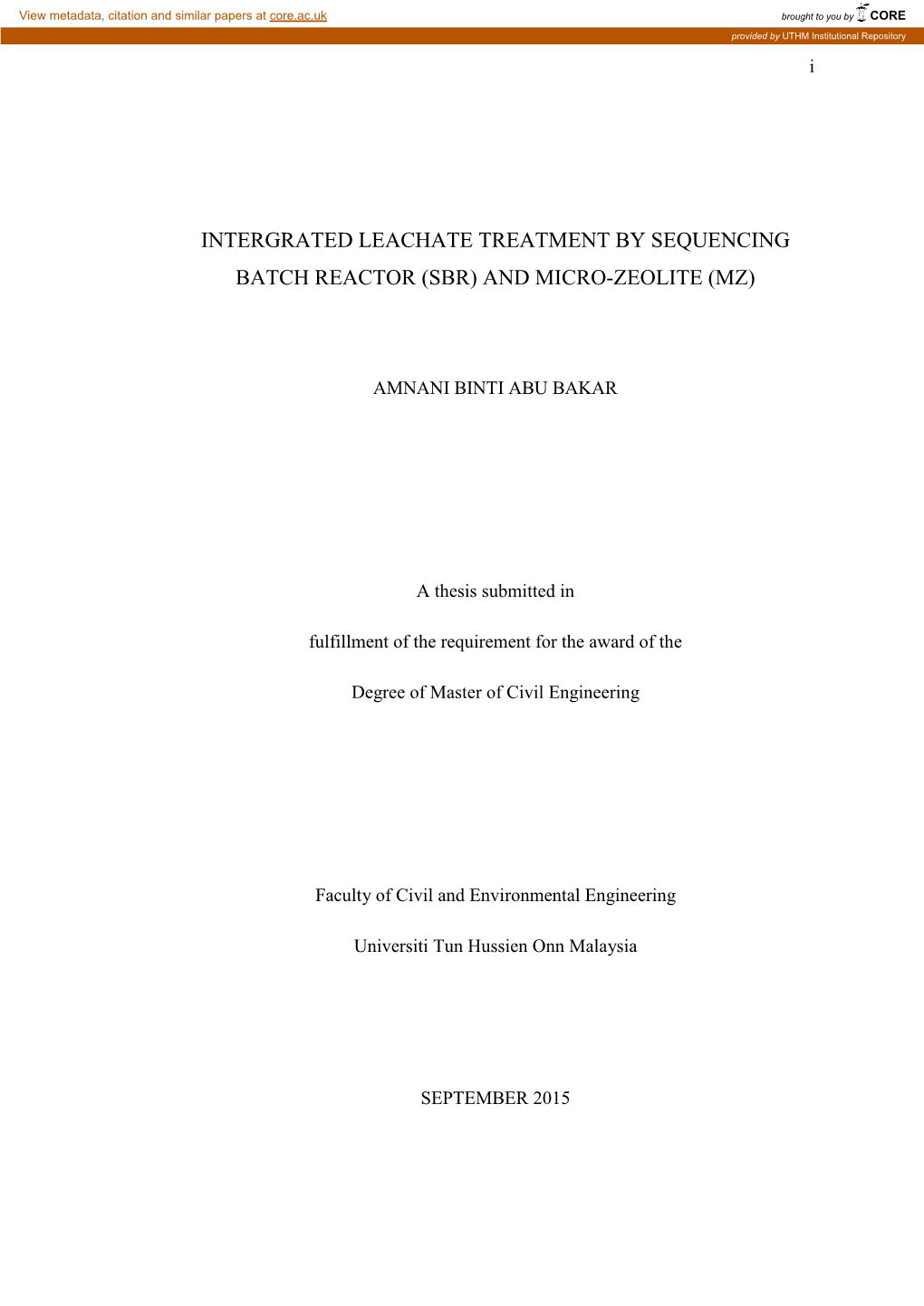 Intergrated Leachate Treatment by Sequencing Batch Reactor (Sbr) and Micro-Zeolite (Mz)