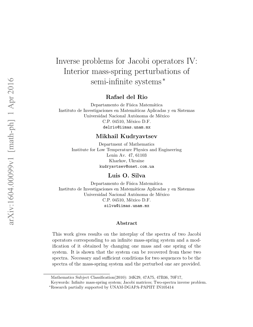 Inverse Problems for Jacobi Operators IV: Interior Mass-Spring Perturbations of Semi-Infinite Systems