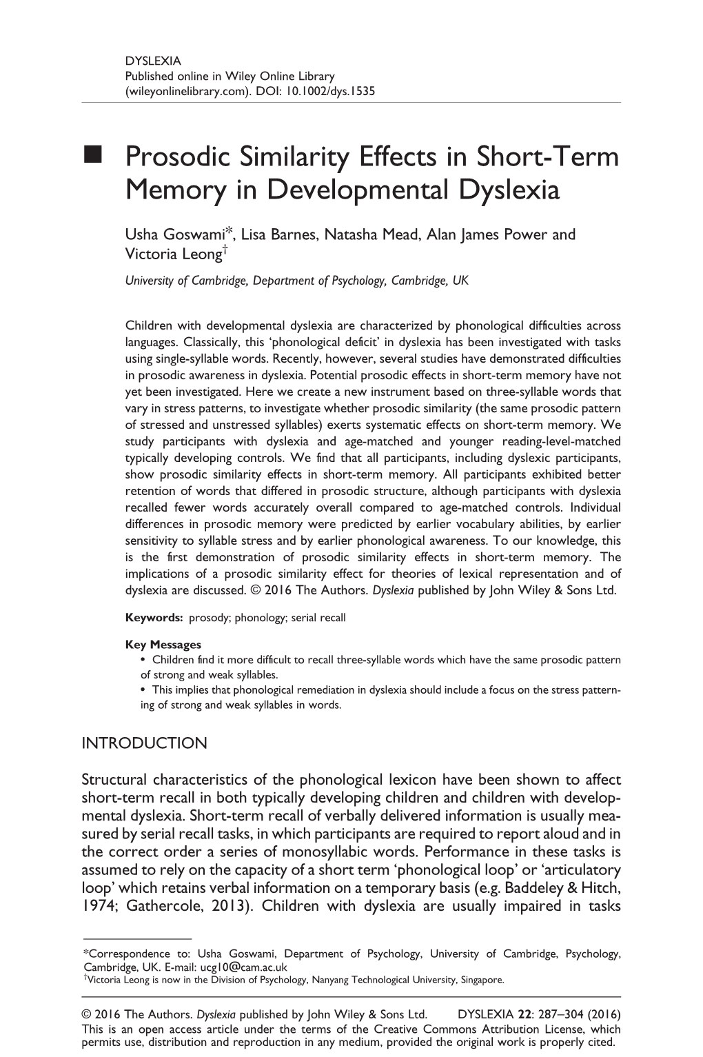 Prosodic Similarity Effects in Short-Term Memory in Developmental Dyslexia