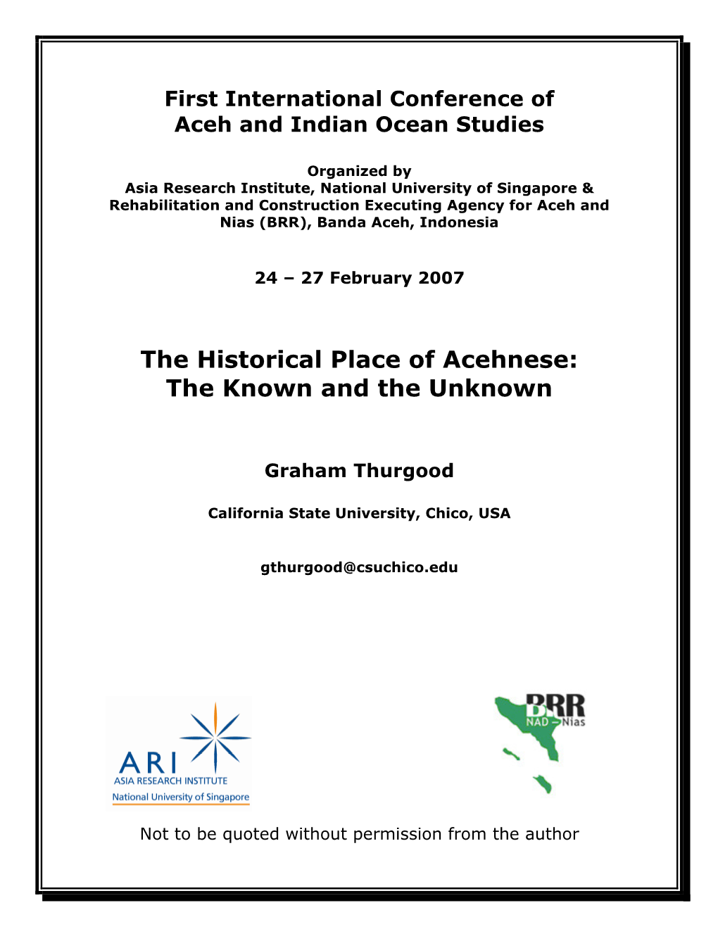 The Historical Place of Acehnese: the Known and the Unknown