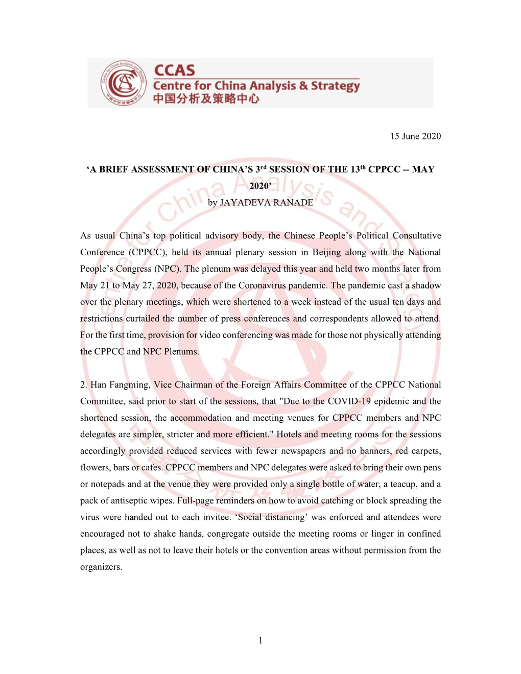 'A BRIEF ASSESSMENT of CHINA's 3Rd SESSION of the 13Th CPPCC