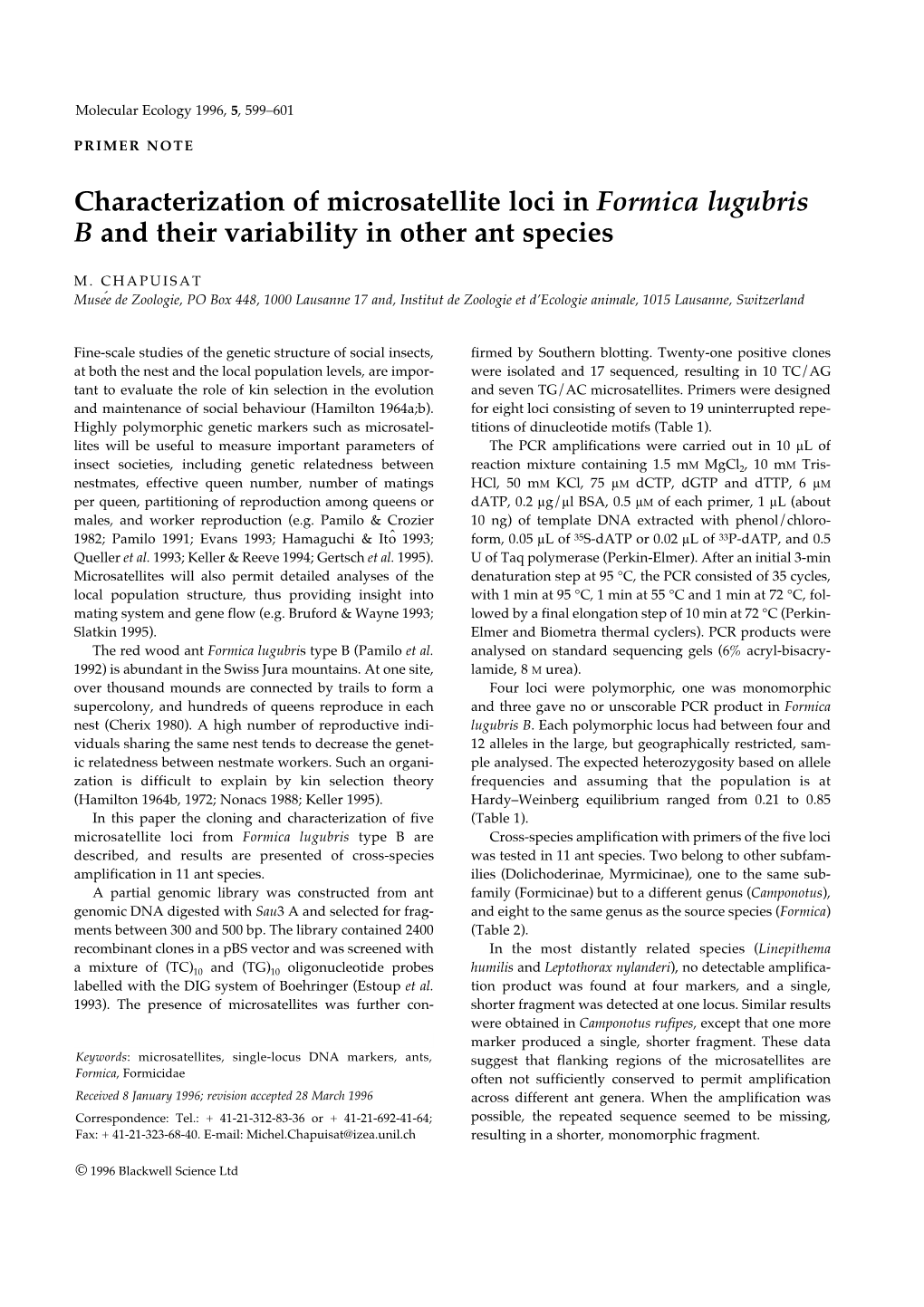 Characterization of Microsatellite Loci in Formica Lugubris B and Their Variability in Other Ant Species