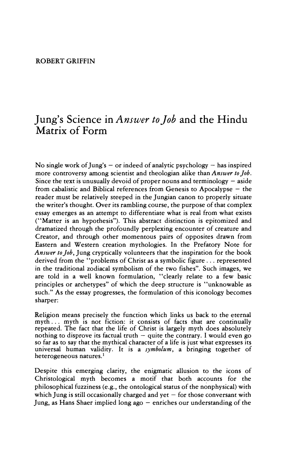 Jung's Science in Answer Tojob and the Hindu Matrix of Form