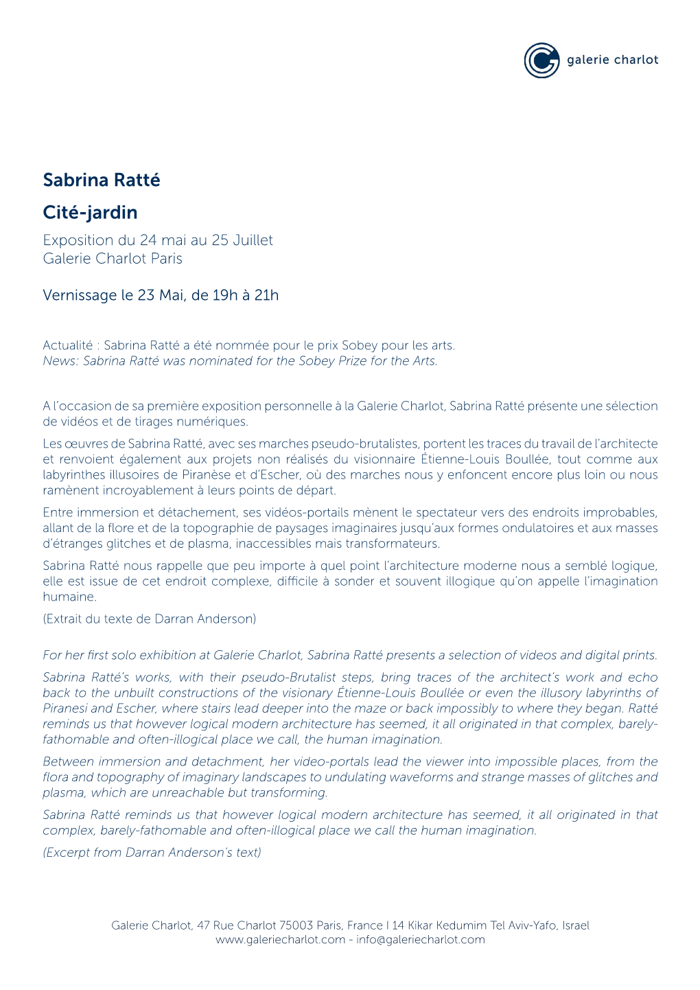 Sabrina Ratté Cité-Jardin Exposition Du 24 Mai Au 25 Juillet Galerie Charlot Paris