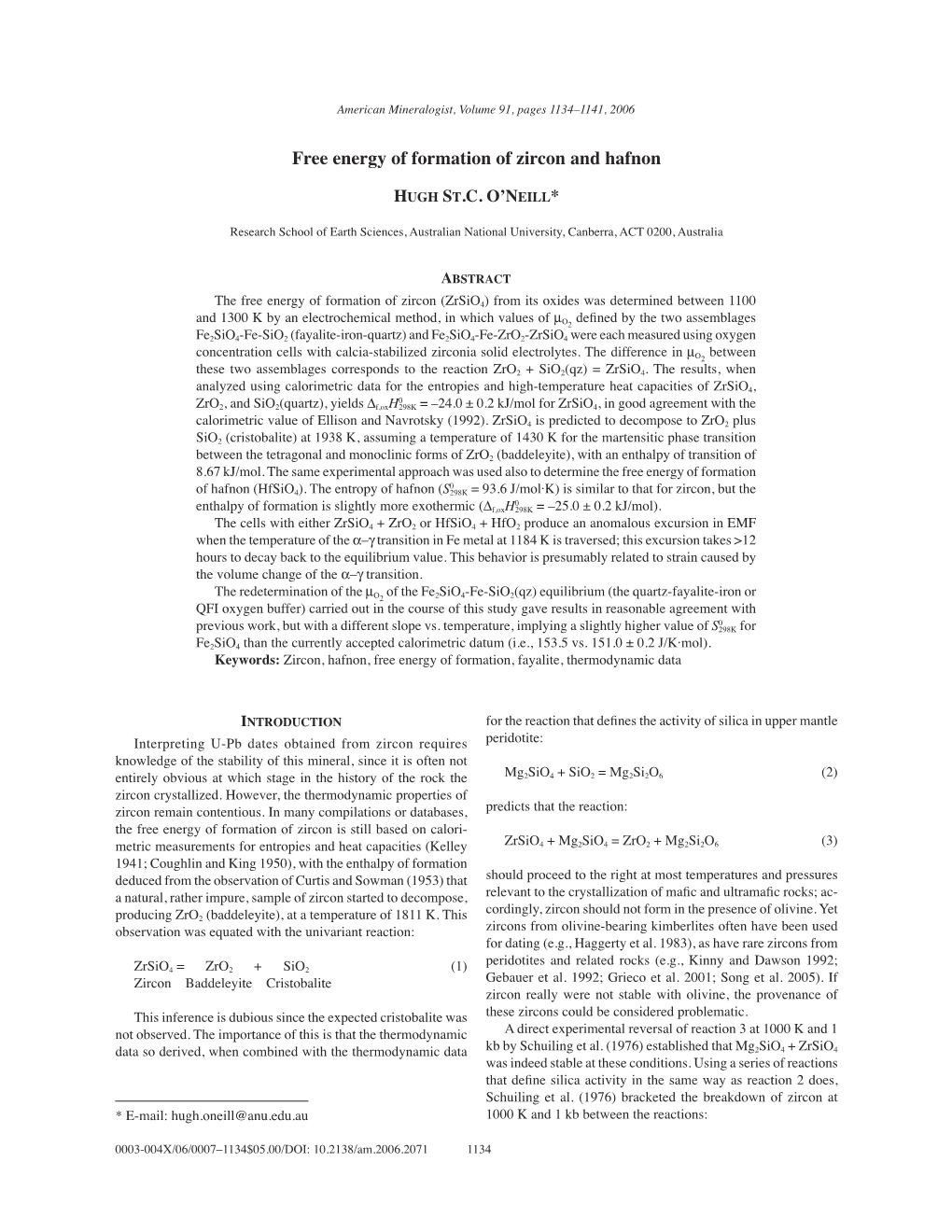 Free Energy of Formation of Zircon and Hafnon