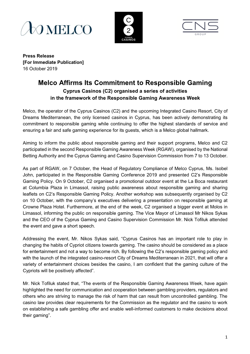 Melco Affirms Its Commitment to Responsible Gaming Cyprus Casinos (C2) Organised a Series of Activities in the Framework of the Responsible Gaming Awareness Week