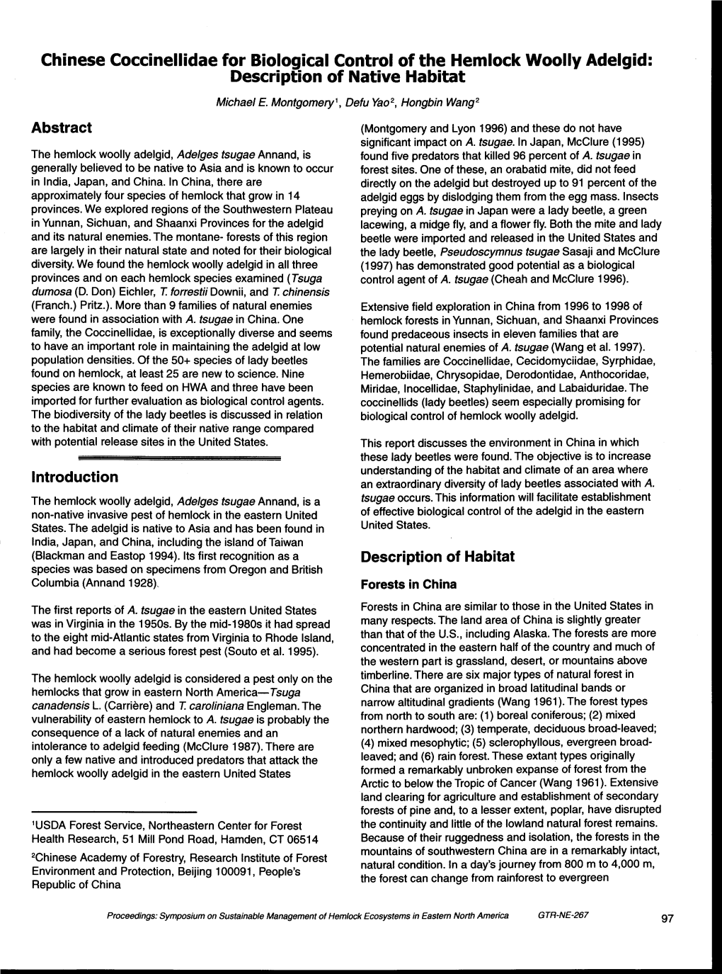 Chinese Coccinellidae for Biological Control of the Hemlock Woolly Adelgid: Description of Native Habitat