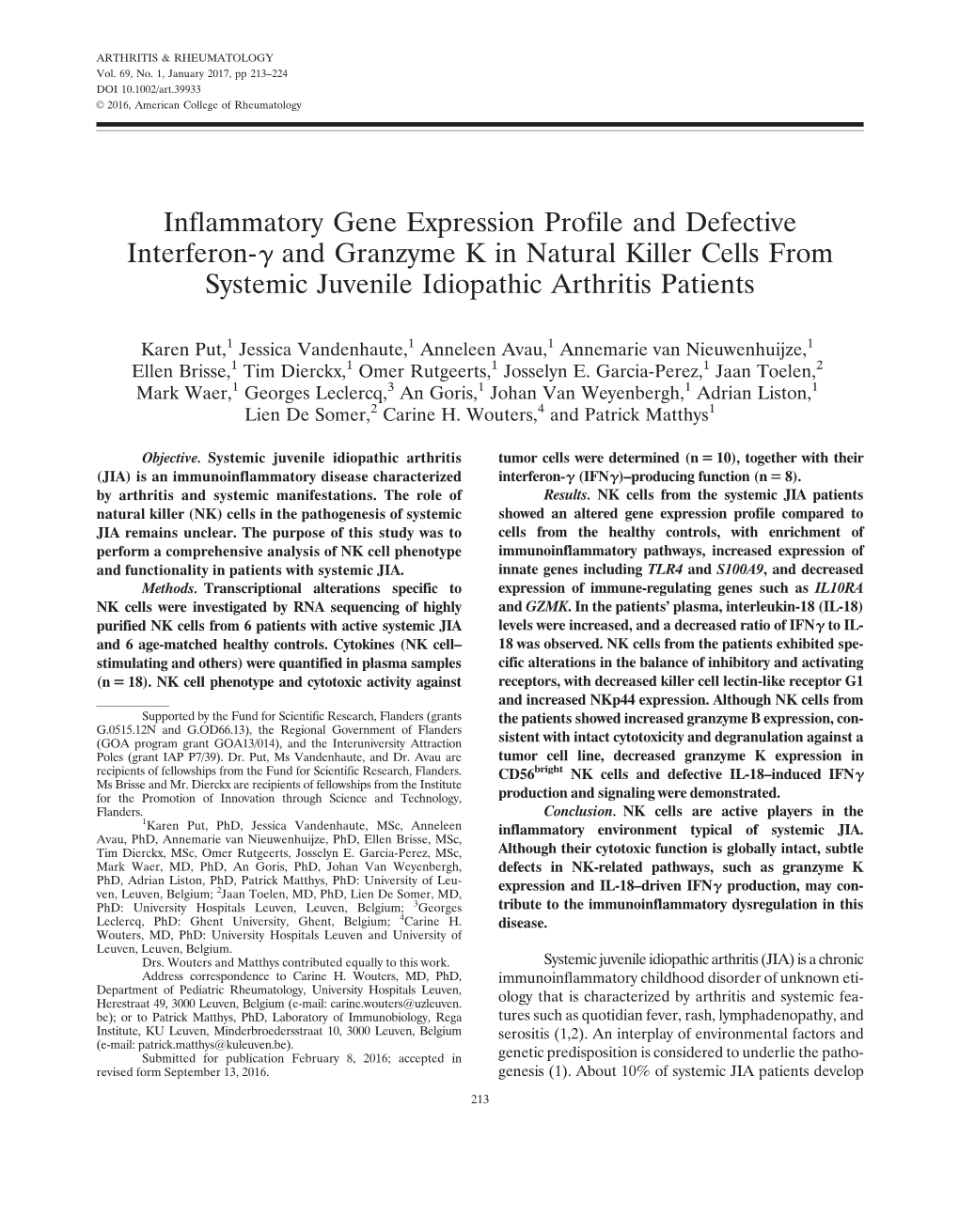 Inflammatory Gene Expression Profile and Defective Interferon-G and Granzyme K in Natural Killer Cells from Systemic Juvenile Idiopathic Arthritis Patients