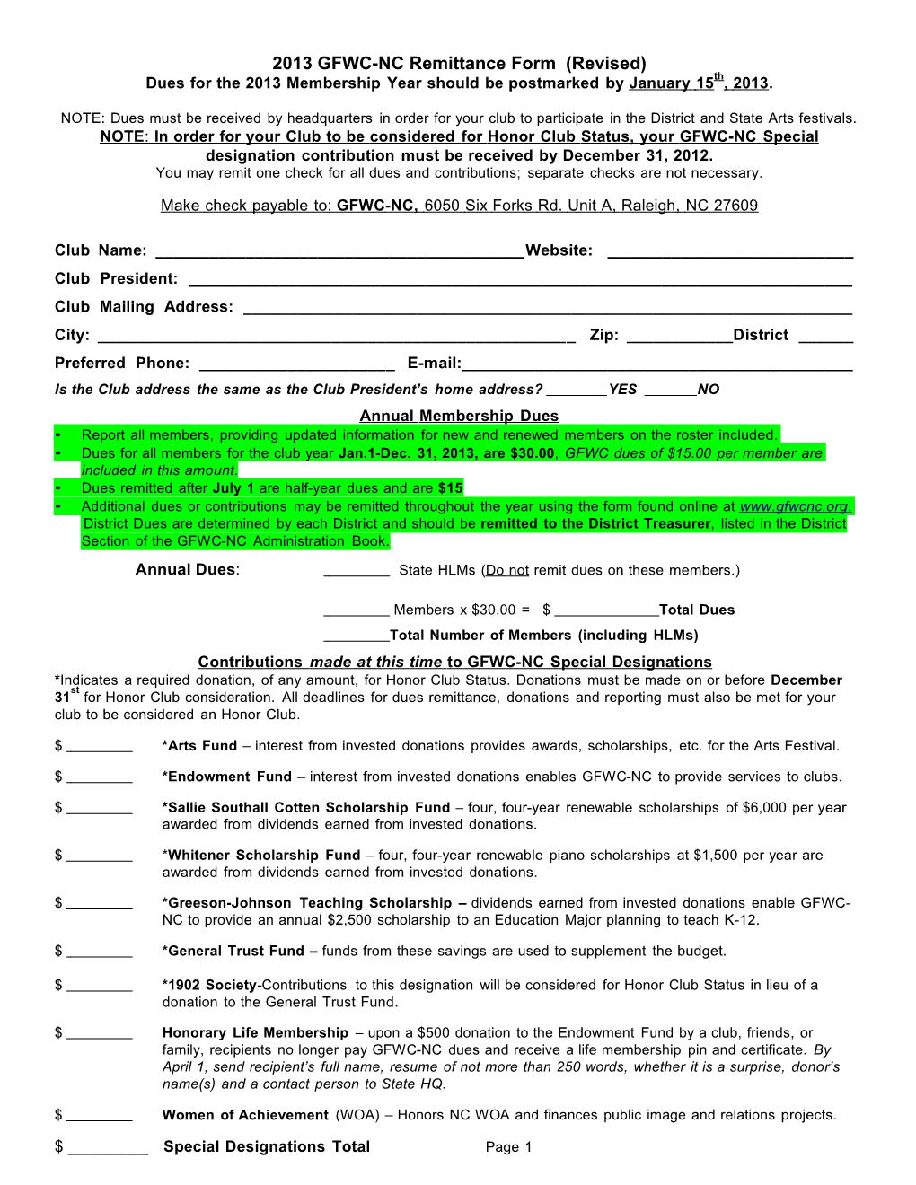 2013 GFWC-NC Remittance Form (Revised)