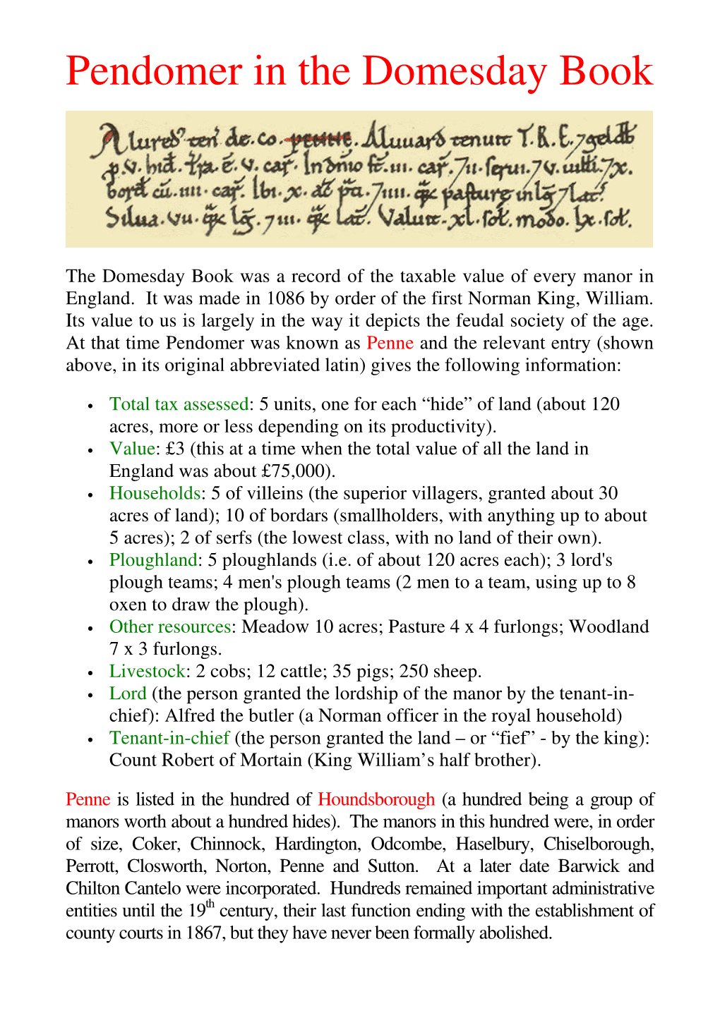 Pendomer in the Domesday Book