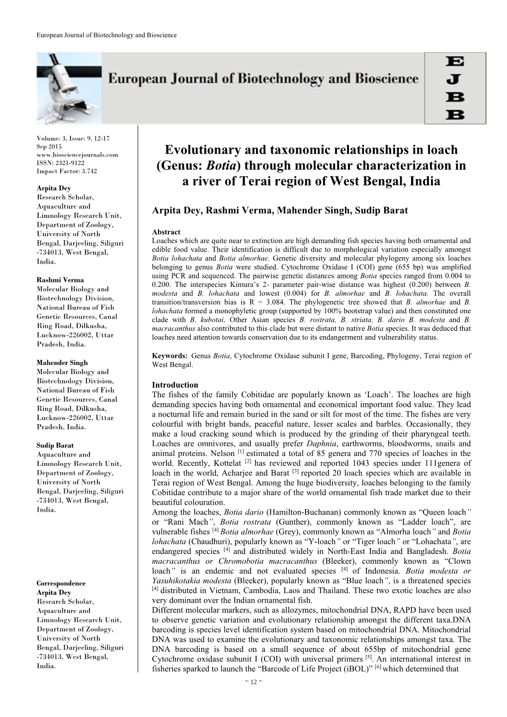 Evolutionary and Taxonomic Relationships in Loach (Genus: Botia