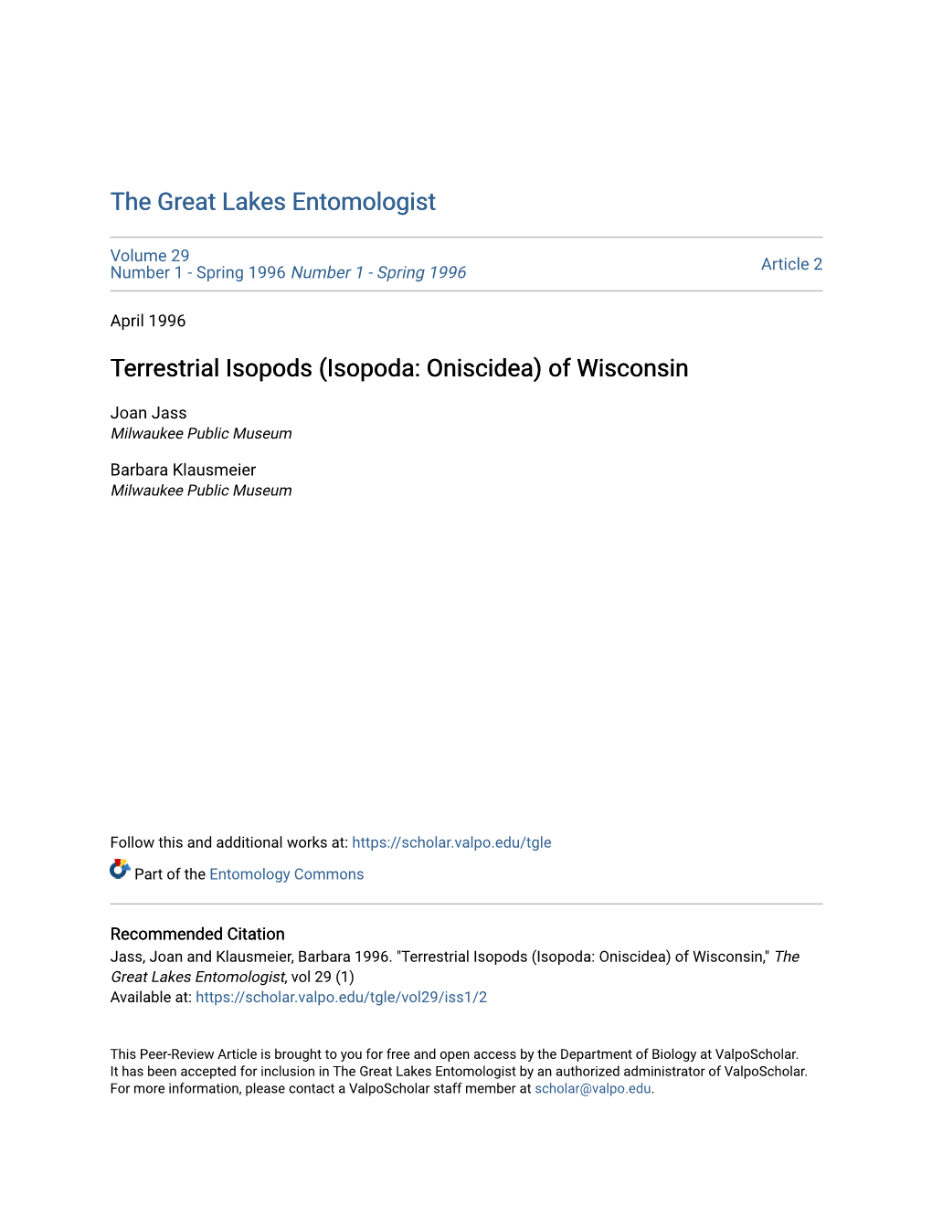 Terrestrial Isopods (Isopoda: Oniscidea) of Wisconsin