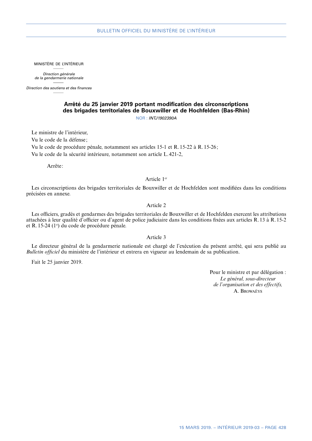 Arrêté Du 25 Janvier 2019 Portant Modification Des Circonscriptions