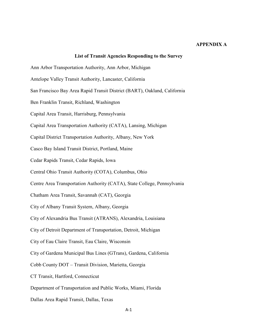 APPENDIX a List of Transit Agencies Responding to the Survey Ann