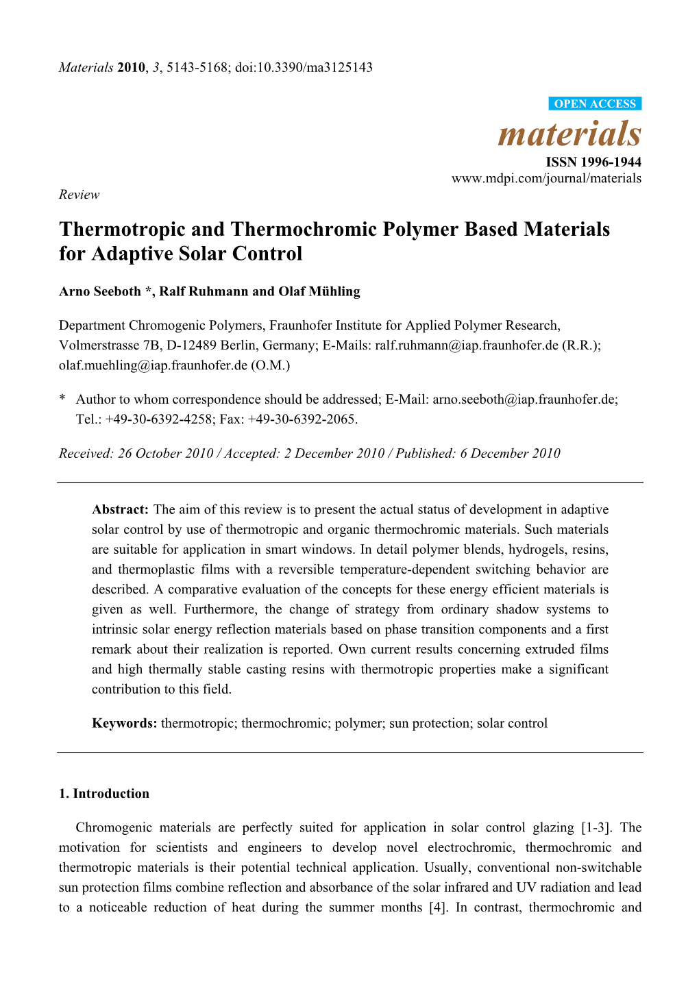 Thermotropic and Thermochromic Polymer Based Materials for Adaptive Solar Control