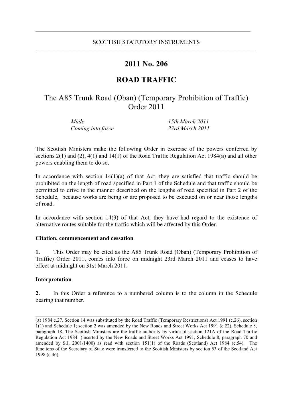 2011 No. 206 ROAD TRAFFIC the A85 Trunk Road (Oban)