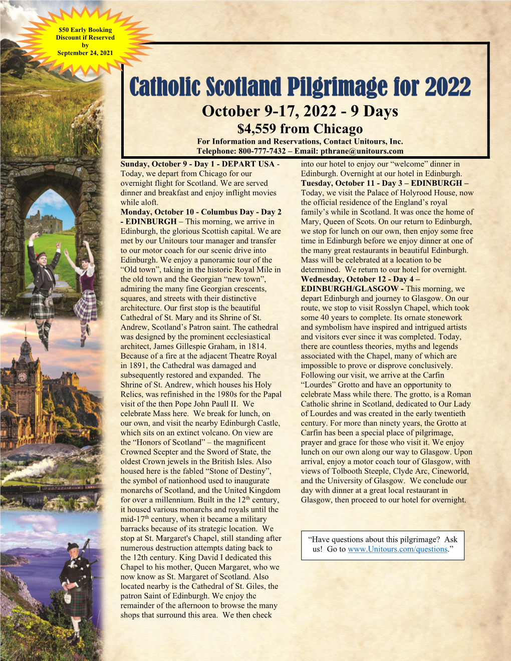 Catholic Scotland Pilgrimage for 2022 October 9-17, 2022 - 9 Days $4,559 from Chicago for Information and Reservations, Contact Unitours, Inc