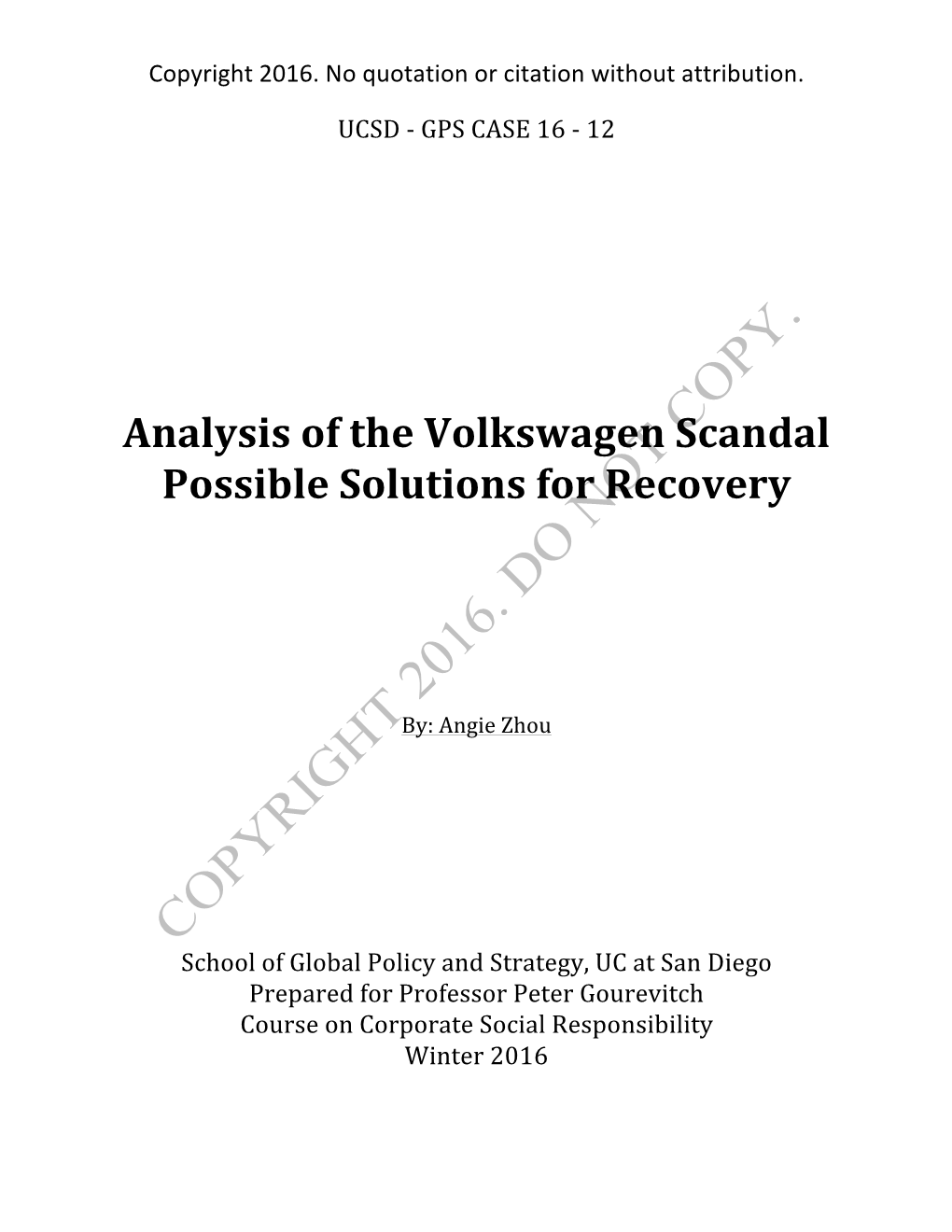 Analysis of the Volkswagen Scandal Possible Solutions for Recovery