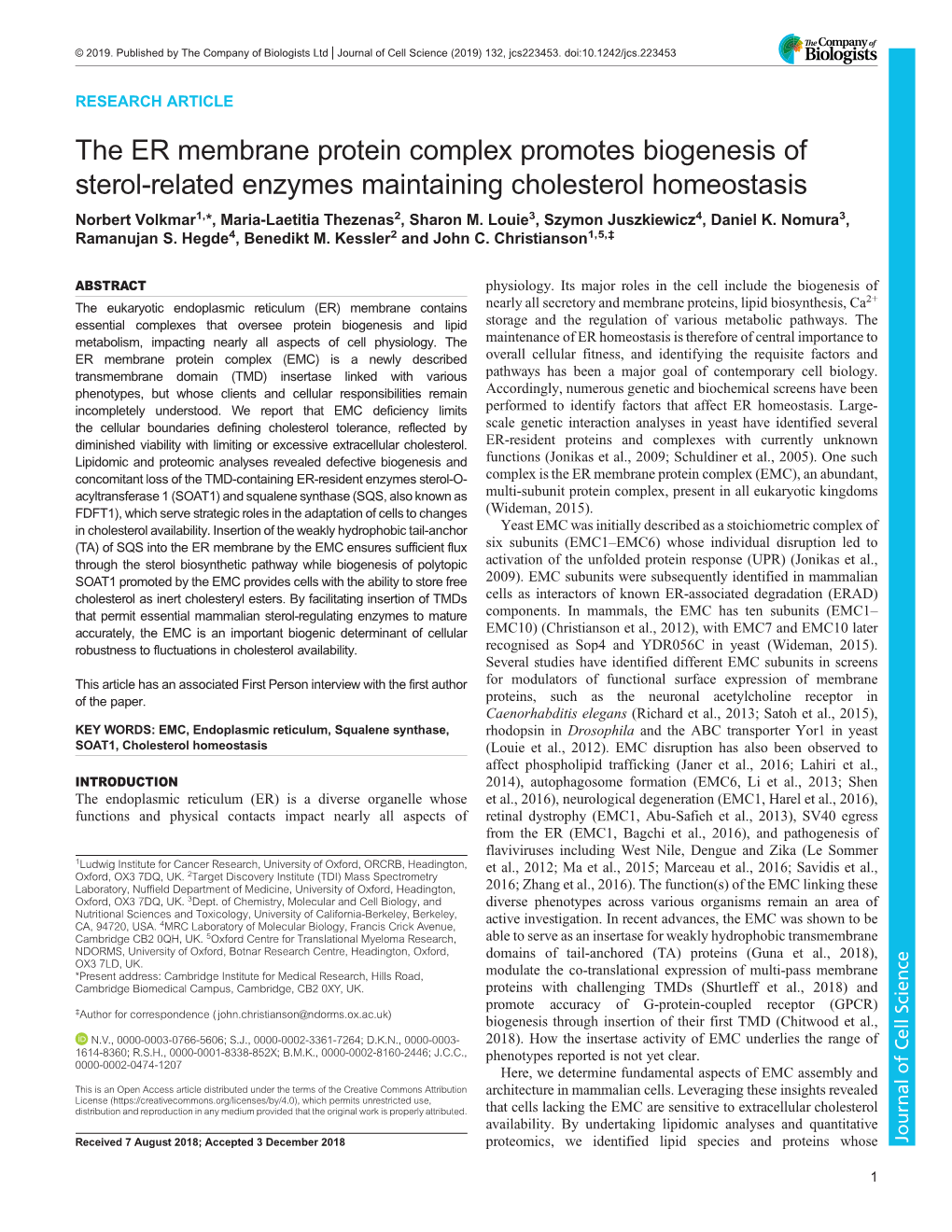 The ER Membrane Protein Complex Promotes Biogenesis of Sterol