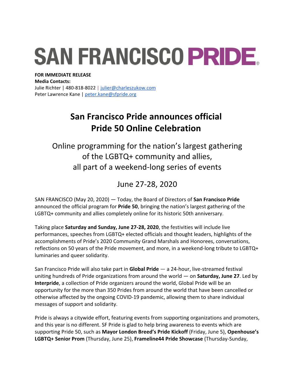 CORRECTED SF Pride 50 Press Release