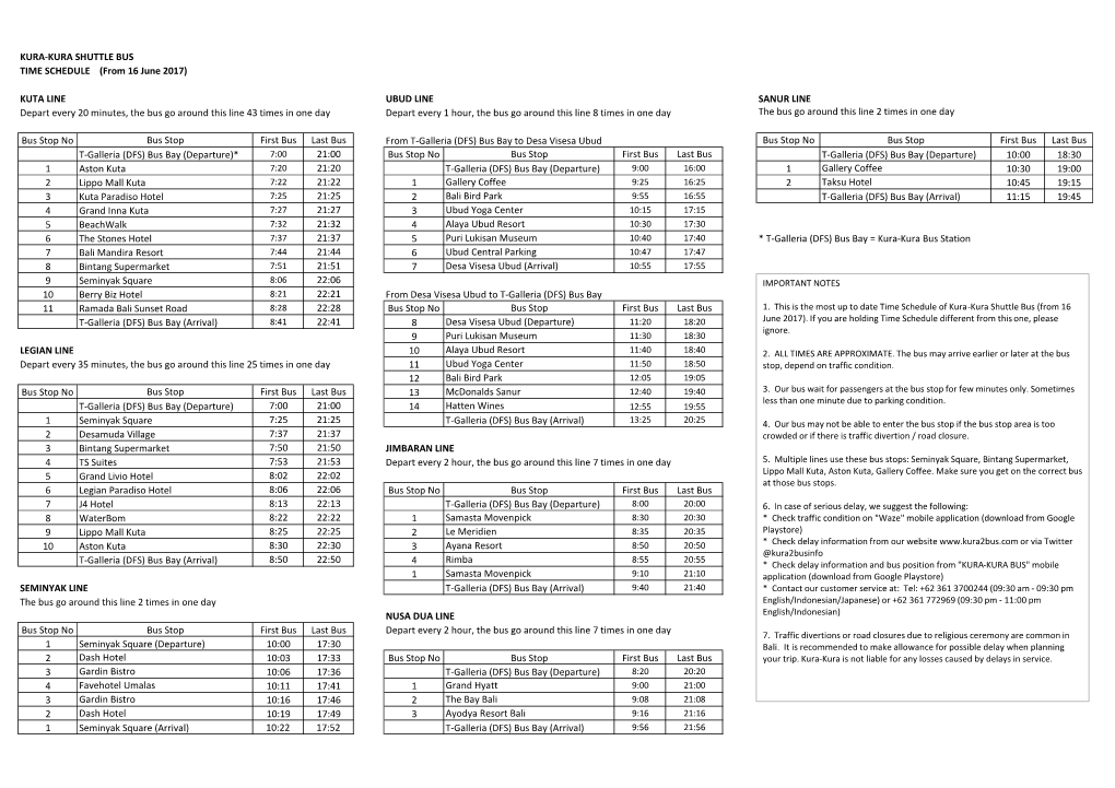 KURA-KURA SHUTTLE BUS TIME SCHEDULE (From 16 June 2017)