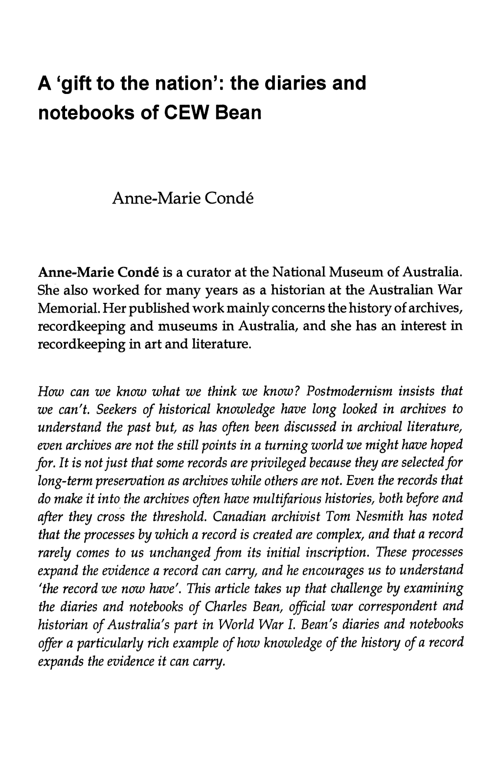 A 'Gift to the Nation': the Diaries and Notebooks of CEW Bean Anne-Marie Conde