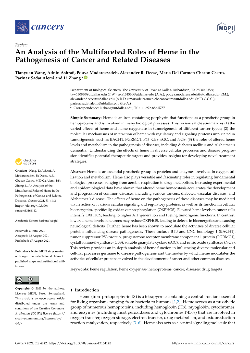 An Analysis of the Multifaceted Roles of Heme in the Pathogenesis of Cancer and Related Diseases