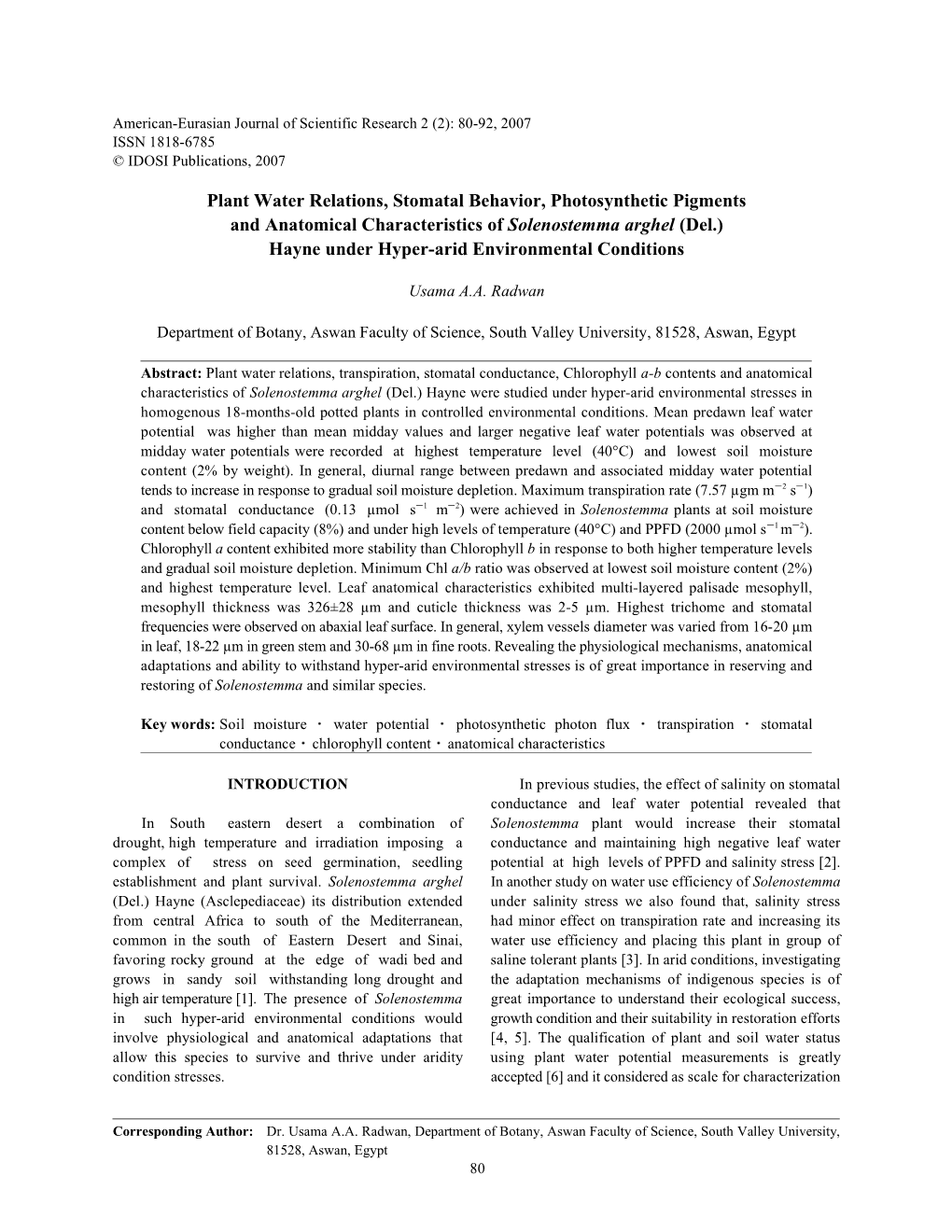 Plant Water Relations, Stomatal Behavior, Photosynthetic