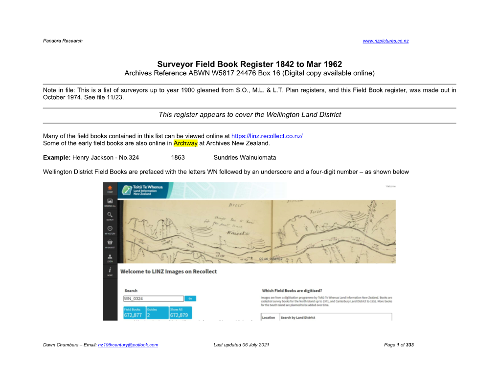 Surveyor Field Book Register 1842 to Mar 1962 Archives Reference ABWN W5817 24476 Box 16 (Digital Copy Available Online)