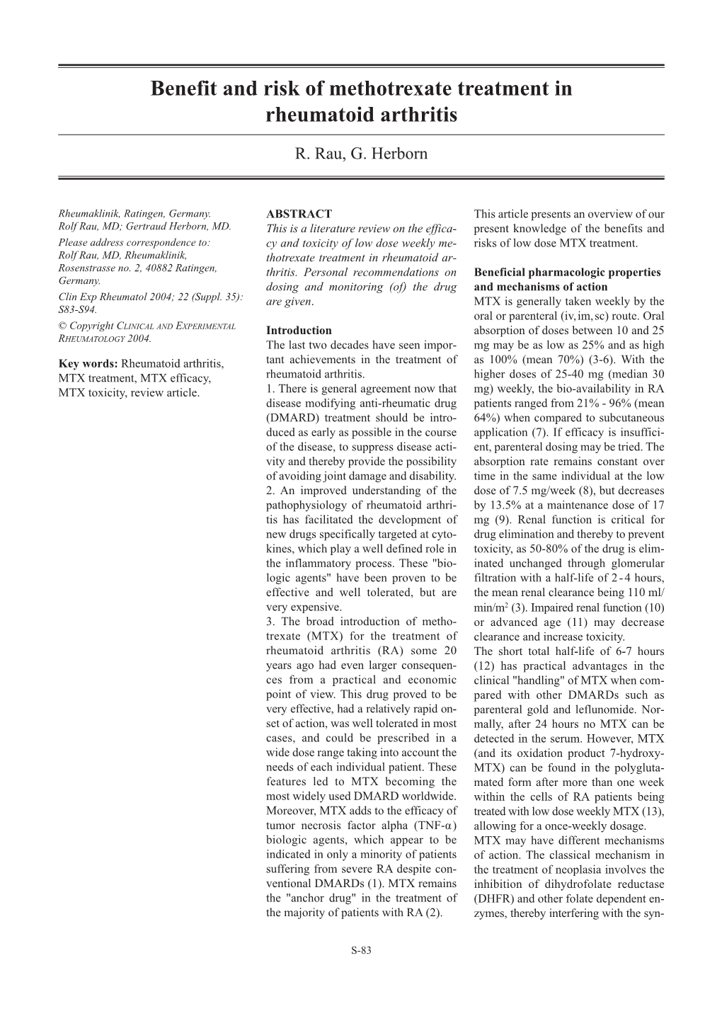 Benefit and Risk of Methotrexate Treatment in Rheumatoid Arthritis