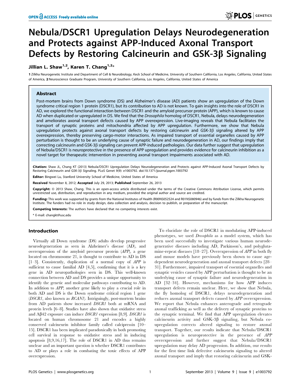 Nebula/DSCR1 Upregulation Delays Neurodegeneration and Protects Against APP-Induced Axonal Transport Defects by Restoring Calcineurin and GSK-3B Signaling
