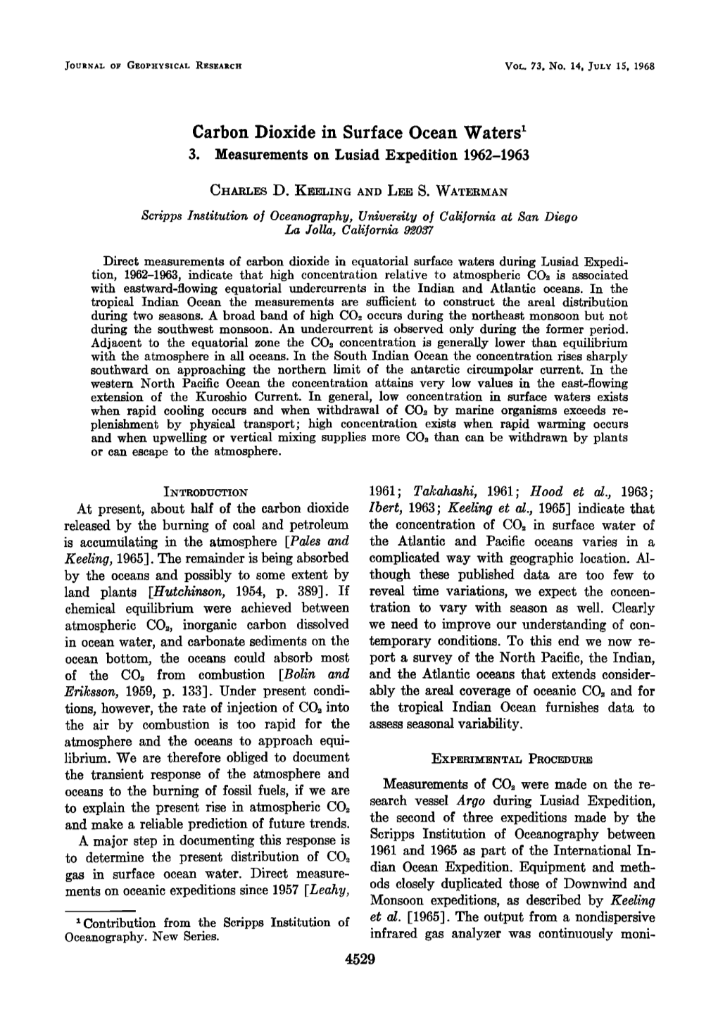 Carbon Dioxide in Surface Ocean Waters 3. Measurements on Lusiad