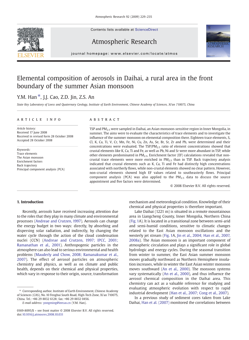 Elemental Composition of Aerosols in Daihai, a Rural Area in the Front Boundary of the Summer Asian Monsoon