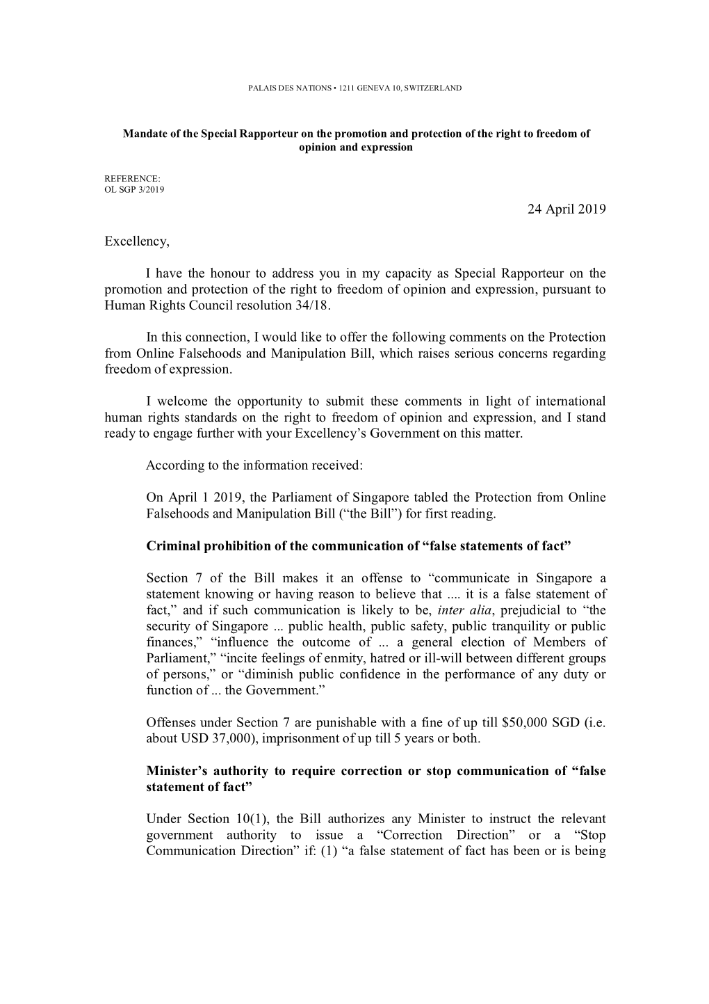 24 April 2019 Excellency, I Have the Honour to Address You in My Capacity As Special Rapporteur on the Promotion and Protection