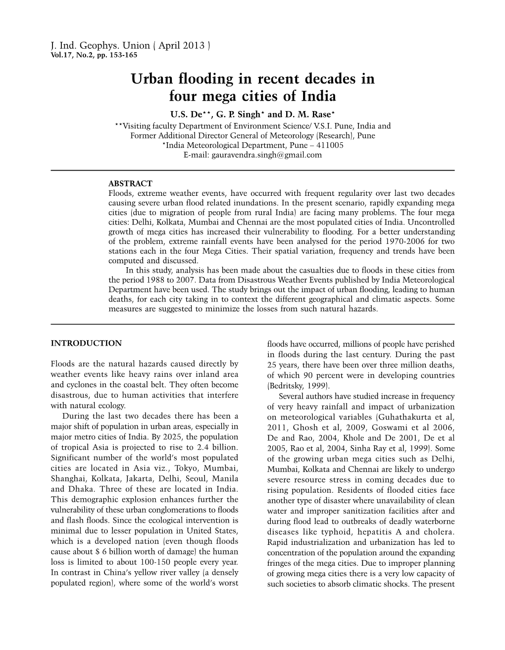 Urban Flooding in Recent Decades in Four Mega Cities of India U.S