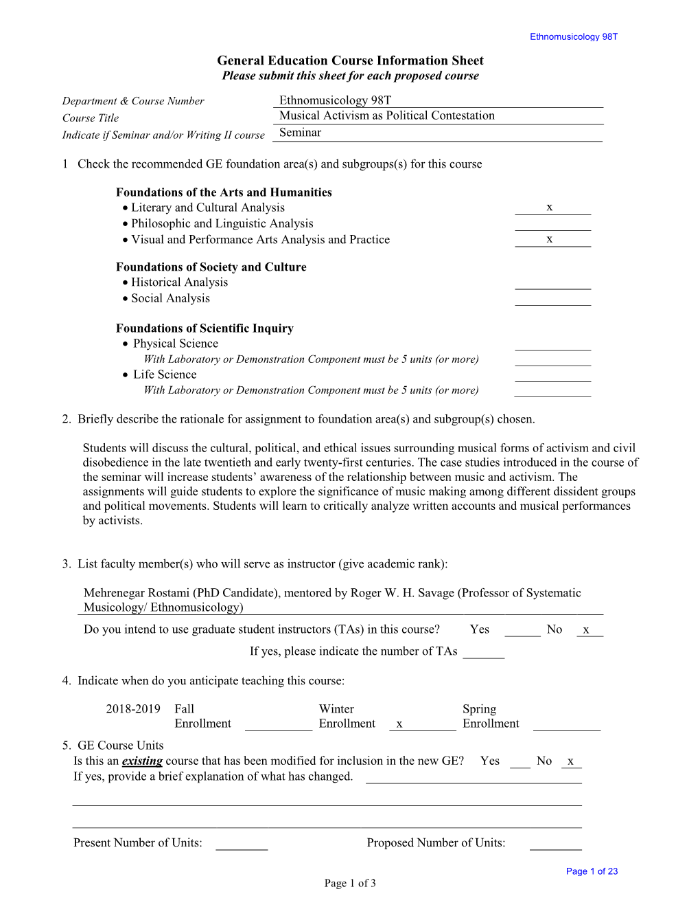 Ethnomusicology 98T General Education Course Information Sheet Please Submit This Sheet for Each Proposed Course