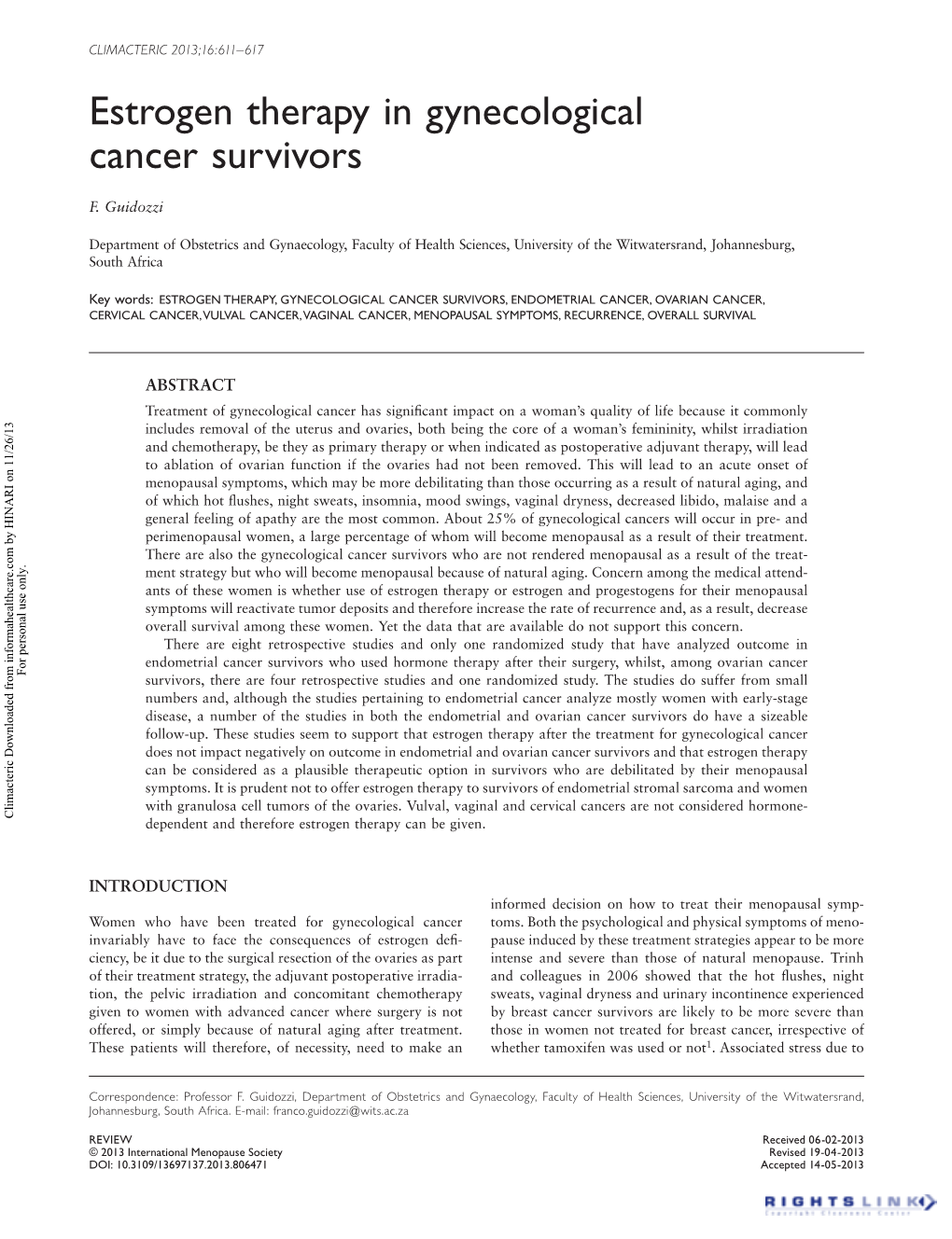 Estrogen Therapy in Gynecological Cancer Survivors