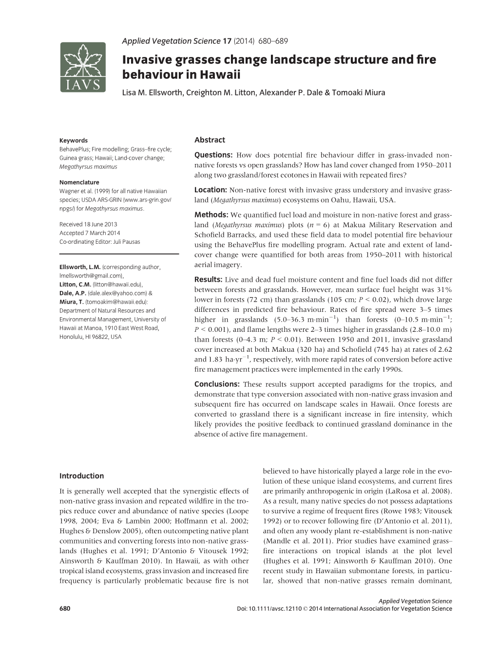 Invasive Grasses Change Landscape Structure and Fire Behaviour in Hawaii