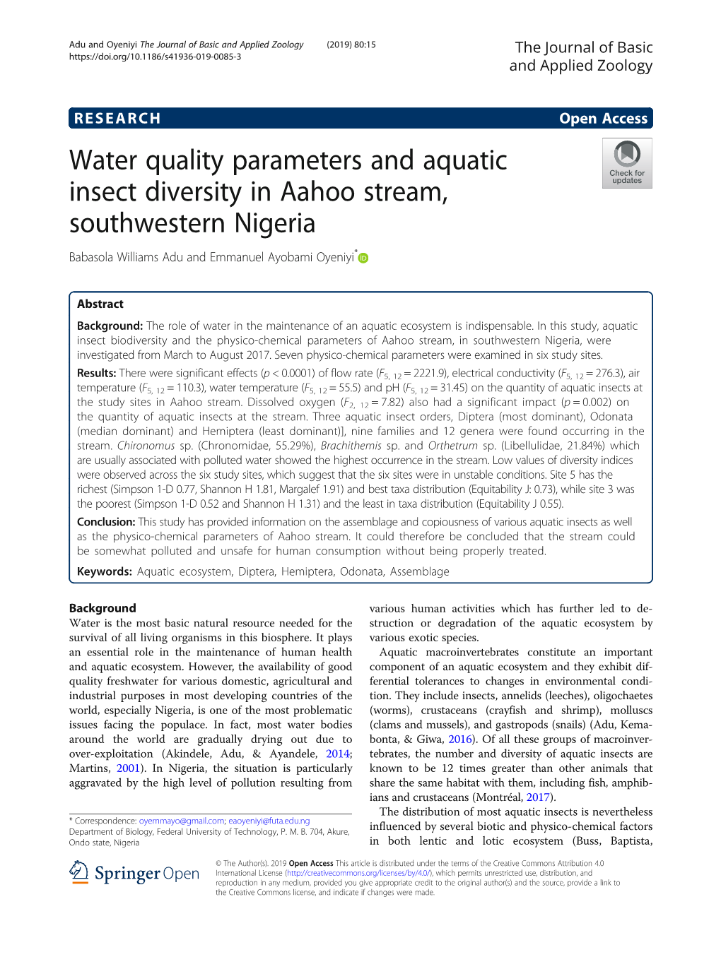 Water Quality Parameters and Aquatic Insect Diversity in Aahoo Stream, Southwestern Nigeria Babasola Williams Adu and Emmanuel Ayobami Oyeniyi*