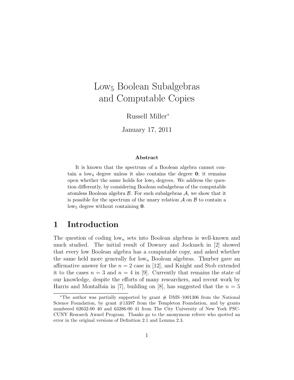 Low5 Boolean Subalgebras and Computable Copies