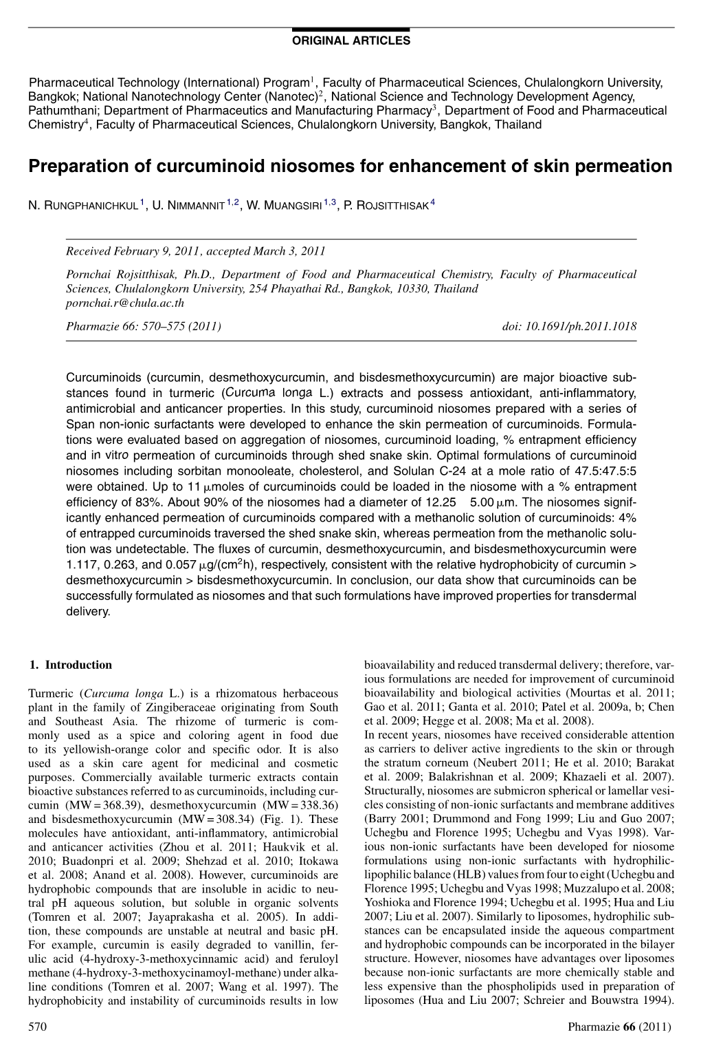 Preparation of Curcuminoid Niosomes for Enhancement of Skin Permeation