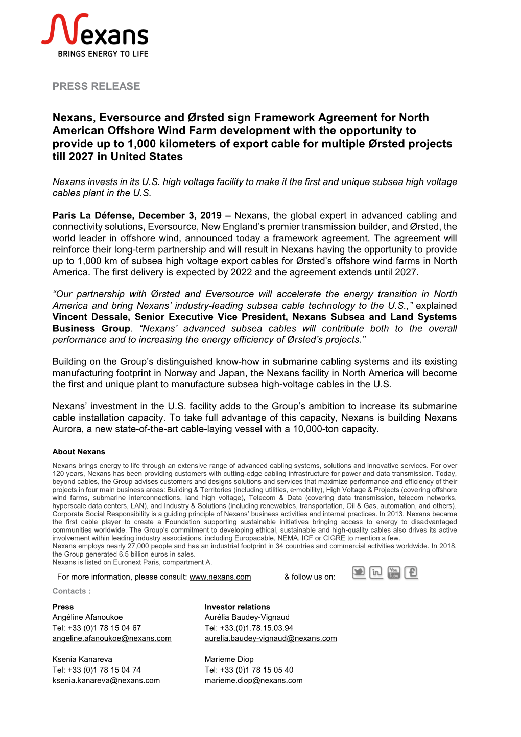 Nexans, Eversource and Ørsted Sign Framework Agreement for North