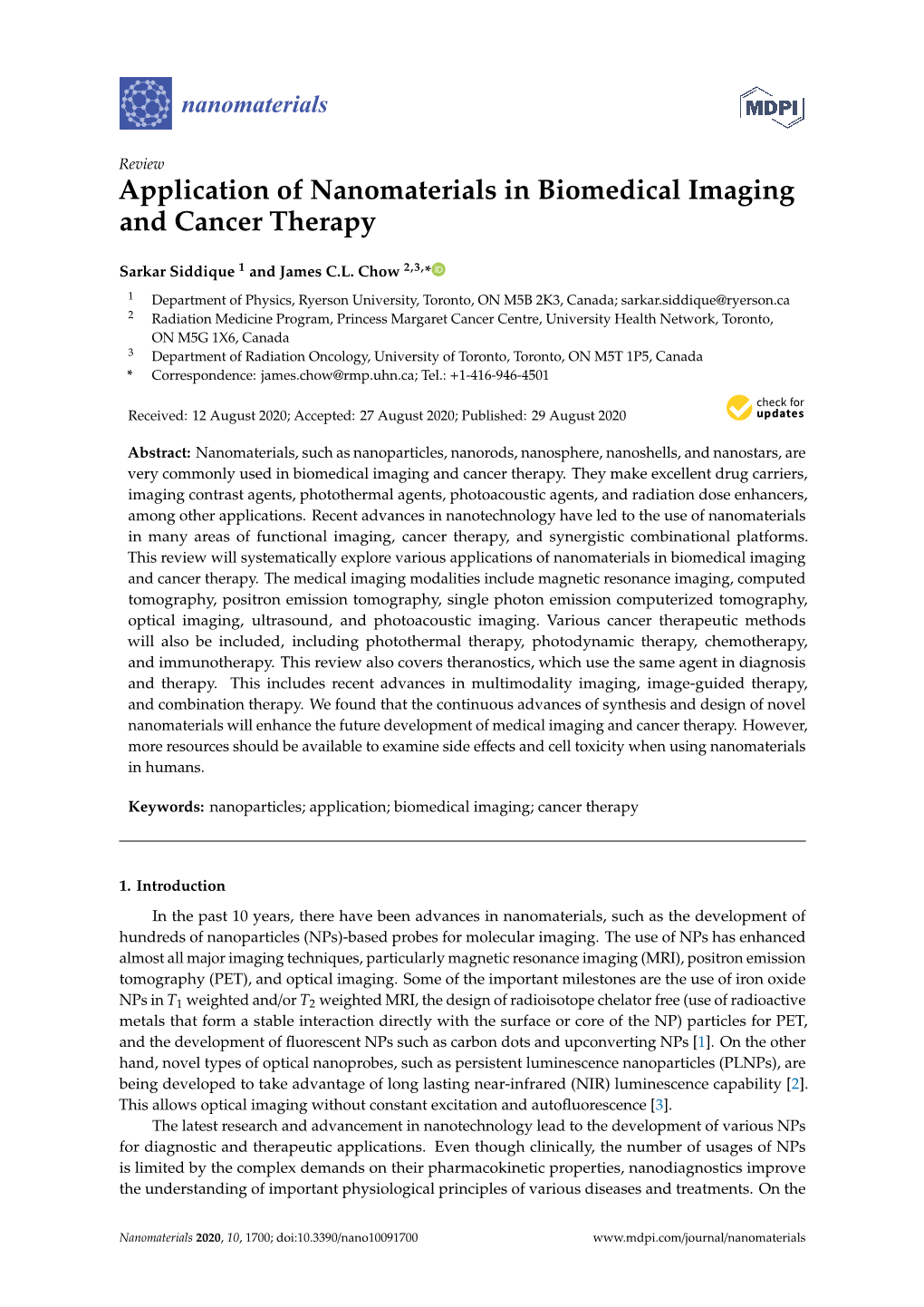 Application of Nanomaterials in Biomedical Imaging and Cancer Therapy