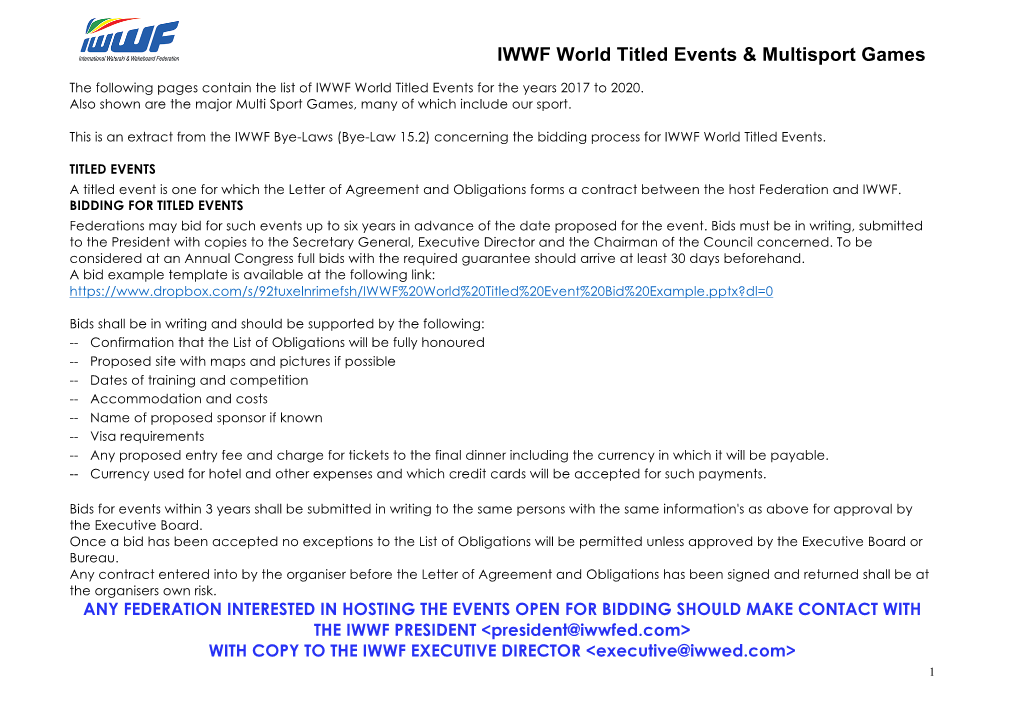 IWWF World Title Events 2018 to 2020