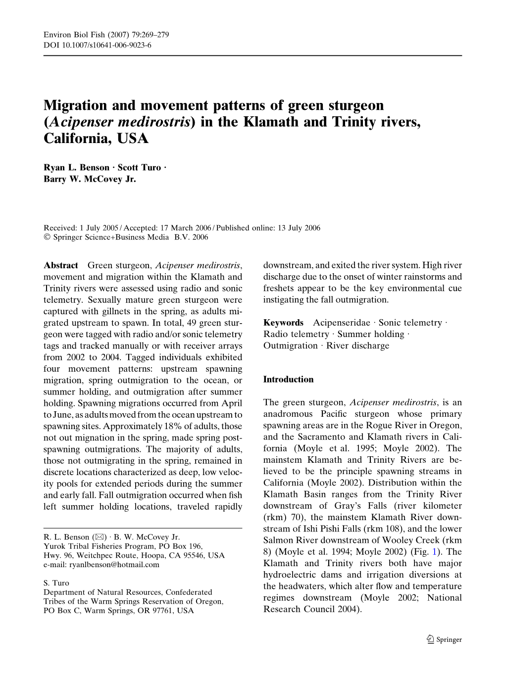 Migration and Movement Patterns of Green Sturgeon (Acipenser Medirostris) in the Klamath and Trinity Rivers, California, USA